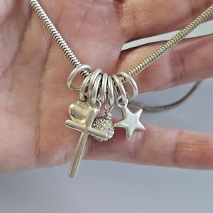 Bud to Rose Silver Tone Necklace 18-21" Star Heart Cross Clear Rhinestone Charms